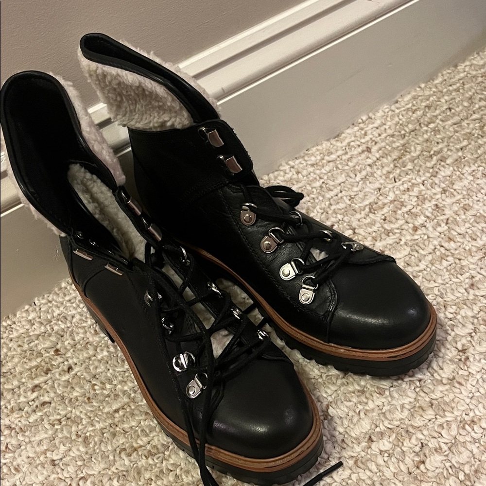 Marc Fisher Black Leather Combat Boots with Tan Sole